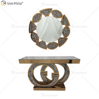 Table console moderne en or GG avec miroir, effet diamant écrasé, fabrication professionnelle