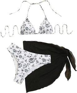 Women's 3-Piece Floral <b>Bikini</b> <b>Set</b> featuring a halter top, matching bottoms, and a chic wrap skirt for an elegant beach style. - Product Image 2