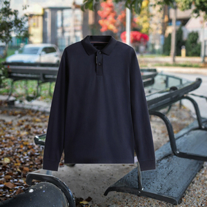 Men's Long Sleeve <b>Polo</b> <b>Shirt</b> Solid <b>Navy</b> Cotton Casual Button Down Regular Fit Anti-Wrinkle Knitted - Product Image 3