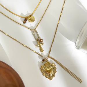 Collana Vintage di Lusso con Ciondolo a Cuore e Croce in Acciaio Inossidabile, Moneta <span class=keywords><strong>Antica</strong></span> e Perline, Gioiello Versatile con Pietre Naturali per Donne - Product Image 5