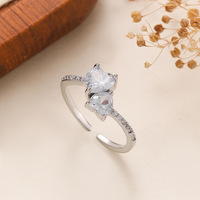 Bague ouverte réglable en laiton et zircon, double cœur, empilable, pour femme