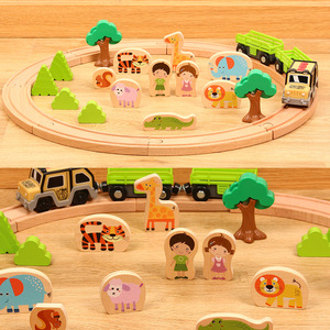 Il popolare treno educativo di 32 pezzi di animali della giungla in legno traccia il treno giocattolo e la costruzione di automobili per bambini - Product Image 1