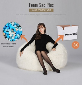 Fauteuil pouf rond en fourrure longue et moelleuse de couleur beige pour enfants, grand pouf en fourrure funky - Product Image 2