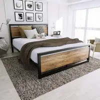 Marco de cama de Metal de tamaño completo con cabecero de madera, marco de cama de plataforma, soporte de listón fuerte, fácil montaje