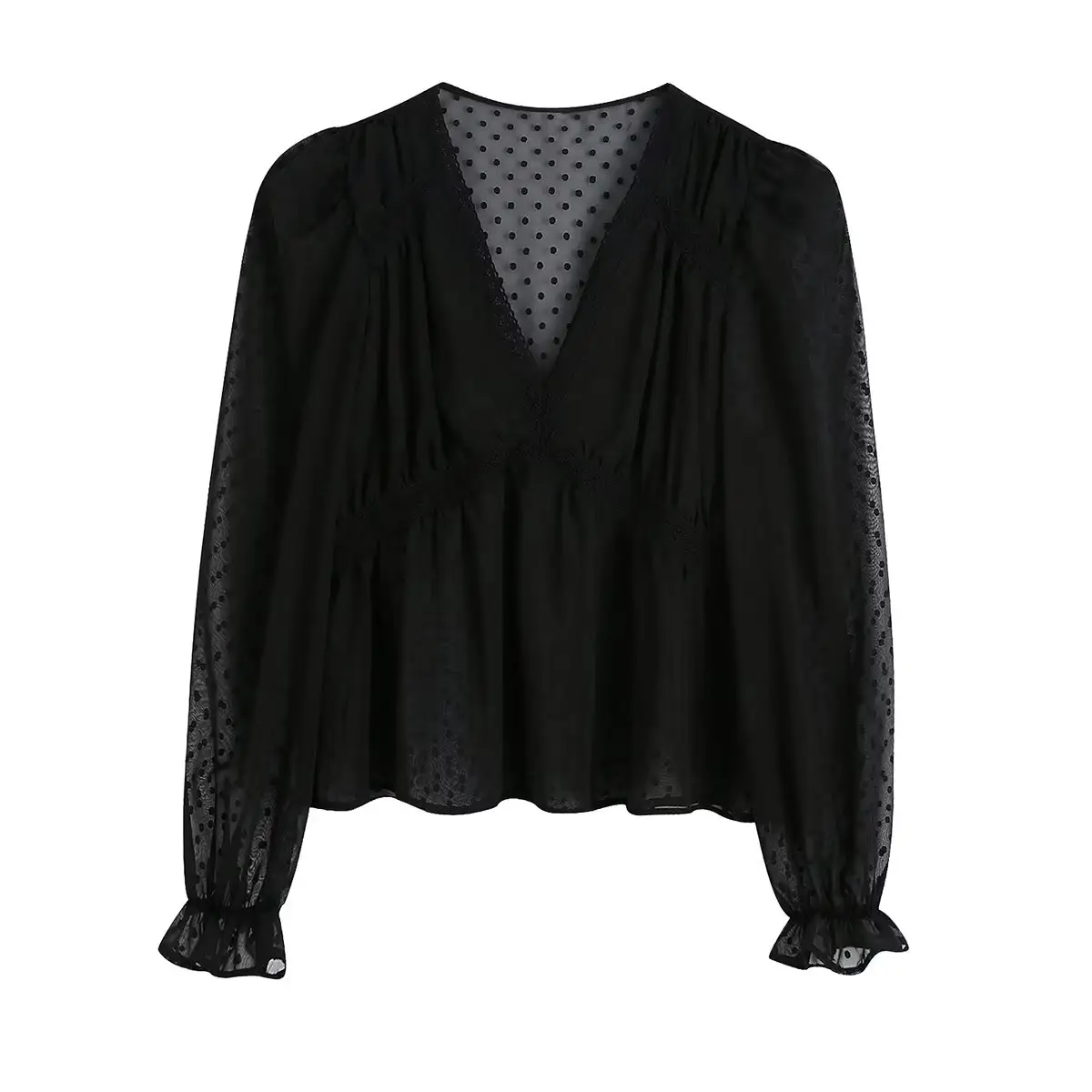 PB&ZA2022 new women's European and American style black lace trim long-sleeved shirt top 7200239