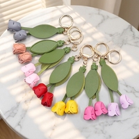 Porte-clés Fleur de Tulipe Tendance avec Feuilles, Pendentif Créatif en Cuir PU, Breloque Décorative Faite à la Main pour Sacs à Main, Sacs et Clés