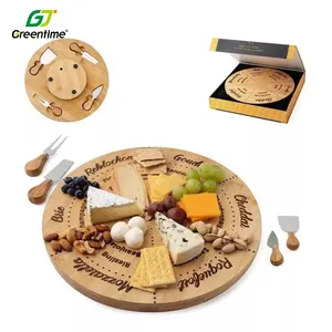 Bandeja giratória criativa redonda, bandeja portátil para servir madeira, queijo, bambu, placa com talheres