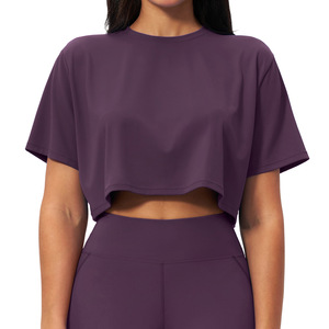 T-shirt court surdimensionné pour femme en 78 % polyamide et 22 % élasthanne, imprimé personnalisé, coupe ample, couleur unie, idéal pour le fitness - Product Image 5