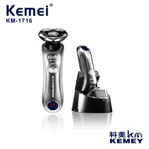 Afeitadora Eléctrica Rotativa de 3 Cuchillas Kemei para Hombre, Modelo KM-1716, Resistente al Agua, Recargable, con Base de Limpieza y Cuerpo Metálico - Product Image 3