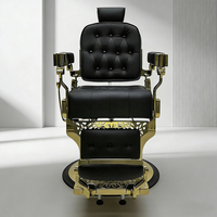 Fauteuil de Barbier Rétro de Luxe avec Cadre Doré et Revêtement Noir Capitonnée, Base Ronde Antique, pour Salon de Coiffure et de Rasage - En Vente