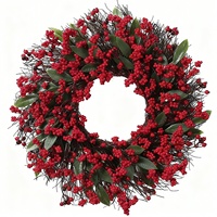 Karangan Bunga Natal Buatan Tangan 45cm Grosir, Hiasan Natal Modern untuk Pintu dan Dinding, Warna Merah Berry