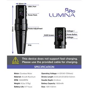 EZ Tattoo P3 <span class=keywords><strong>Pro</strong></span> Lumina Pen Machine Machine à tatouer sans fil à course réglable pour <span class=keywords><strong>PMU</strong></span> et SMP - Product Image 3