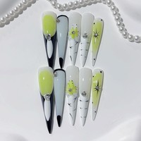 Tacana 10 pièces – Faux ongles de luxe à presser, style français, amande, motif floral européen, vert frais, sculptés, haute qualité, couverture complète