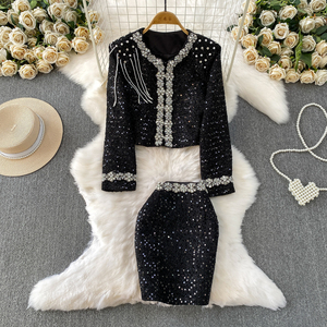 Ensemble deux pièces élégant pour <span class=keywords><strong>femme</strong></span>, veste à col rond ornée <span class=keywords><strong>de</strong></span> perles lourdes, jupe à sequins ajustée, <span class=keywords><strong>tenue</strong></span> <span class=keywords><strong>de</strong></span> soirée jeune et élégante - Product Image 1