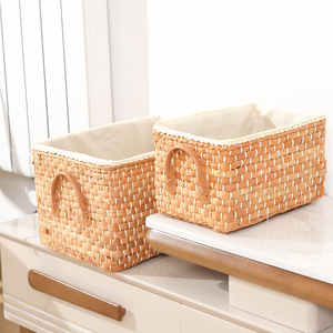 Panier de rangement écologique en écorces de maïs tressées avec doublure en toile et poignées en PU, style européen, organisateur de bureau pour garde-manger, salle de bain, placard - Product Image 2