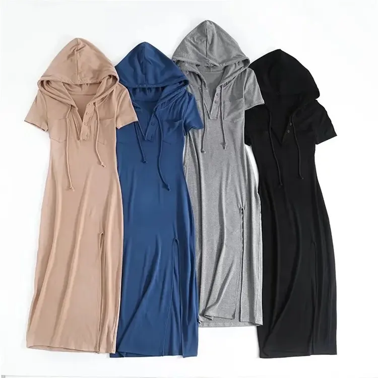 Trendy Shirt Dress Style Drawstring Hooded Knee Length Long Loose Short Sleeve High Slit Sexy Casual Dresses with Pocket
