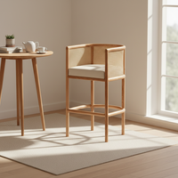 Tabouret de bar Japandi Wabi-Sabi en bois massif, écologique, durable, léger, tissé à la main, avec coussin en lin, qualité hôtelière professionnelle