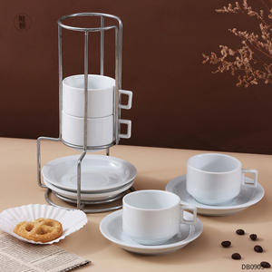 Dongyang Ceramic Coffee Cup And Saucer Set With Iron <b>Stand</b> 4 Cups 4 Saucers 51-100Ml White Solid Color For <b>Afternoon</b> <b>Tea</b> - Product Image 5
