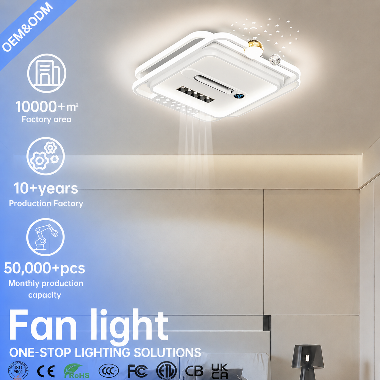 Modern LED Ceiling Fan Light with Remote Control, Square Flush Mount Fan Lamp for Bedroom Living Room Hotel Ceiling Light