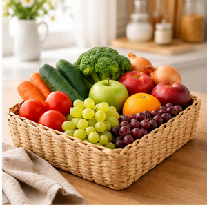 Vintage Woven Water Hyacinth <b>Storage</b> Basket Rectangle Handmade Fruit and <b>Vegetable</b> Organizer Home Kitchen - Product Image 2
