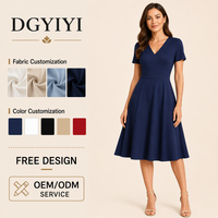 Grosir Gaun Midi A-Line Lengan Pendek V-Neck Katun 200GSM Wanita Polos Kasual Lembut Tidak Tembus Pandang Bernapas Sehari-hari Logo Kustom OEM