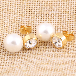 <b>Stud</b> <b>Earrings</b> 10MM Round Zircon Pearl Bezel Setting Gold Color Party Jewelry - Product Image 4