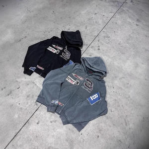 Sweat à capuche personnalisé à fermeture éclair, sweat à capuche pour homme, lourd, broderie de patchs usés, double capuche - Product Image 1