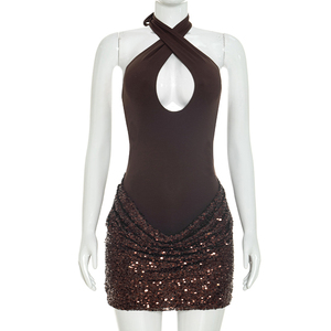 Viviblook J26DS293 Vestido de fiesta mini ajustado para mujer, sexy, sin mangas, con cuello halter, cordones, escote bajo, sin espalda, con lentejuelas y plisado, novedad de verano - Product Image 1