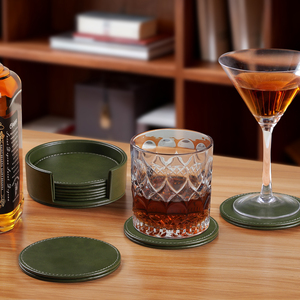 Juego de Posavasos Redondos de Cuero Sintético Verde con Logotipo Personalizado, Posavasos de Cuero PU <span class=keywords><strong>para</strong></span> Té, Cerveza, Café y Bebidas con Soporte - Product Image 6