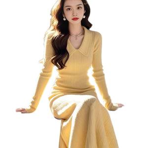 Korean Style Bright Yellow Polo Collar Knitted <b>Dress</b> for Women Elegant Long <b>Casual</b> <b>Dress</b> Autumn 2025 - Product Image 5