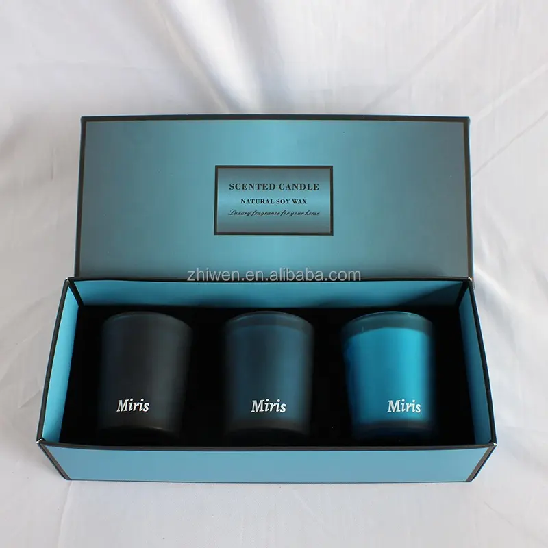 Venta al por mayor caja de lujo conjunto aromático personalizado perfumado Aqua Blue vela conjunto de 3 con logotipo