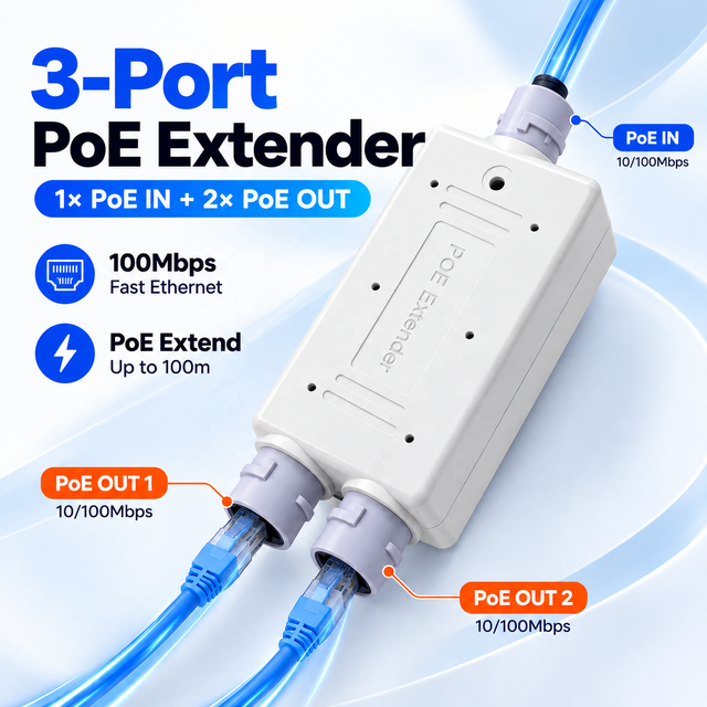 Outdoor Waterproof 3 Port 100Mbps PoE Extender 1 PoE in 2 PoE OUT 30W Long Range PoE Repeater 200m 400m for CCTV IP Camera