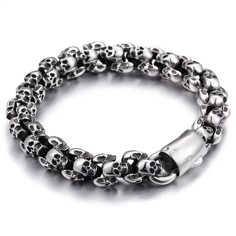 Hot Sale Trendy Personalized Silver Chunky Stainless Steel Fashion Jewelry Skull Head Mens Bracelet