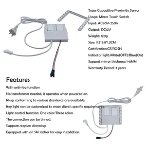 Saklar sentuh cermin kamar mandi pintar, dengan Driver catu daya lampu Led saklar Sensor sentuh untuk cermin