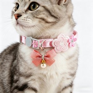 Collier pour chat mignon avec broderie florale et nœud, réglable, en polyester doux, avec pendentif perle pour chats et petits animaux - Product Image 4