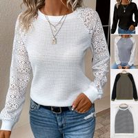 Haut en tricot pointelle pour femme, manches longues en dentelle, col rond, coupe ajustée, chemisier décontracté pour le printemps et l'automne