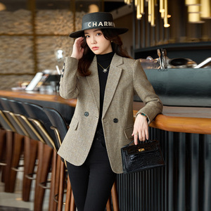 Women's Blazer Khaki Herringbone Wool <b>Blend</b> Slim Fit Anti-Wrinkle Office Wear - Product Image 4