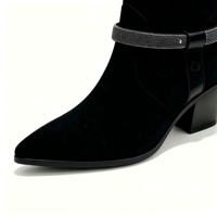 Bottes de cowboy pour femmes à bout pointu, mi-mollet, en faux daim, avec sangle décorée de strass et talon carré – Chaussures personnalisées tendance