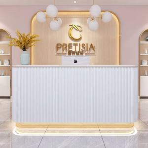 White Gold Modern Reception <b>Desk</b>, Luxury Ribbed Front Salon Front <b>Desk</b> with LED Base for Beauty Spa & Boutique - Product Image 1