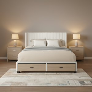 Cama Queen Size Tapizada en Color Marfil con 4 Cajones, Cabecera Acolchada, Soporte de Láminas de Madera, Cama Moderna y Suave - Product Image 2