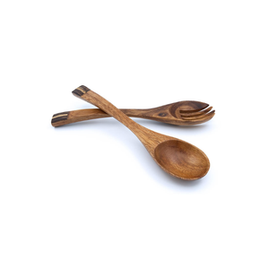This 24.5 cm handmade acacia (Suar) wood spoon and fork set offers durable, food-safe quality with sustainable kitchen elegance. - Product Image 2