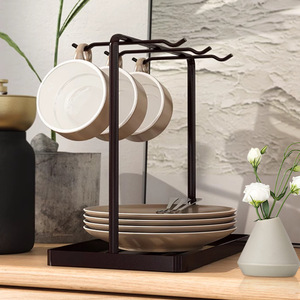 Escurridor de tazas y platillos de metal para escritorio, estante con capacidad para seis tazas y bandeja para almacenamiento de tazas de café - Product Image 3