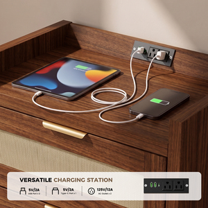 โต๊ะข้างเตียงพร้อมแท่นชาร์จ USB และพอร์ต Type-C 2 ช่อง ลิ้นชักตาข่ายหวาย ตู้ข้างเตียงไม้ขอบยกสูงสำหรับห้องนอน - Product Image 3