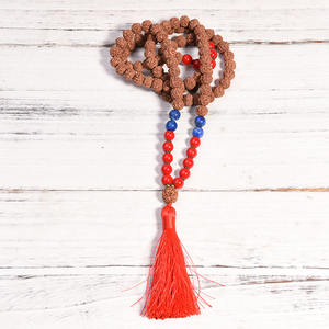 Colliers Mala Rudraksha à pampilles nouées à la main, 108, soulagement de l'anxiété, respiration, méditation, collier de perles en bois, vente en gros - Product Image 1
