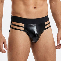 Culottes string pour hommes en cuir PU noir sexy, ajourées, lingerie gay, sous-vêtements sexy à dos en T pour hommes, vente en gros OEM