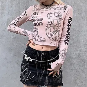 Sweetworon Unique Pink T-shirt with Cartoon Girl and Stylish Graphics Ideal for Casual Wear Women Long Sleeves Shirts Blouses
