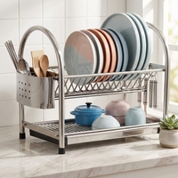 Égouttoir à vaisselle double niveau en acier inoxydable argenté, étanche, écologique, design moderne, sur pied, support de rangement multifonctionnel