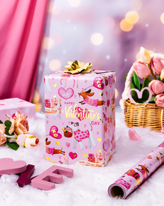 Pink aluminum coated Valentines Day gift <b>wrapping</b> <b>paper</b> with cute puppy and heart pattern design Colorful printing customizable - Product Image 3