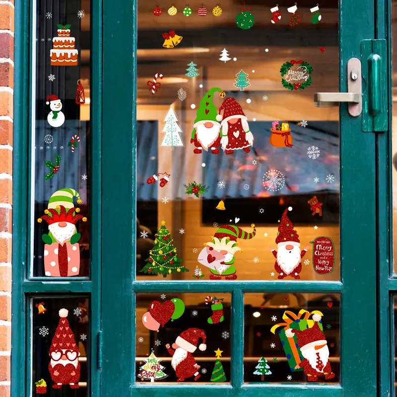 HelloWorld क्रिसमस खिड़की स्टिकर गनोम बौना फेसलेस गुड़िया स्थैतिक स्टिकर दरवाजा दीवार खिड़की पकड़ लेता घर त्योहार के लिए Decals