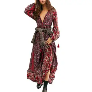 Thời Trang Bán Buôn Phong Cách Bohemian Phụ Nữ Ăn Mặc Thanh Lịch Tùy Chỉnh Phụ Nữ Dài Tay Áo Tua Cổ Tie Loose Maxi Dresses